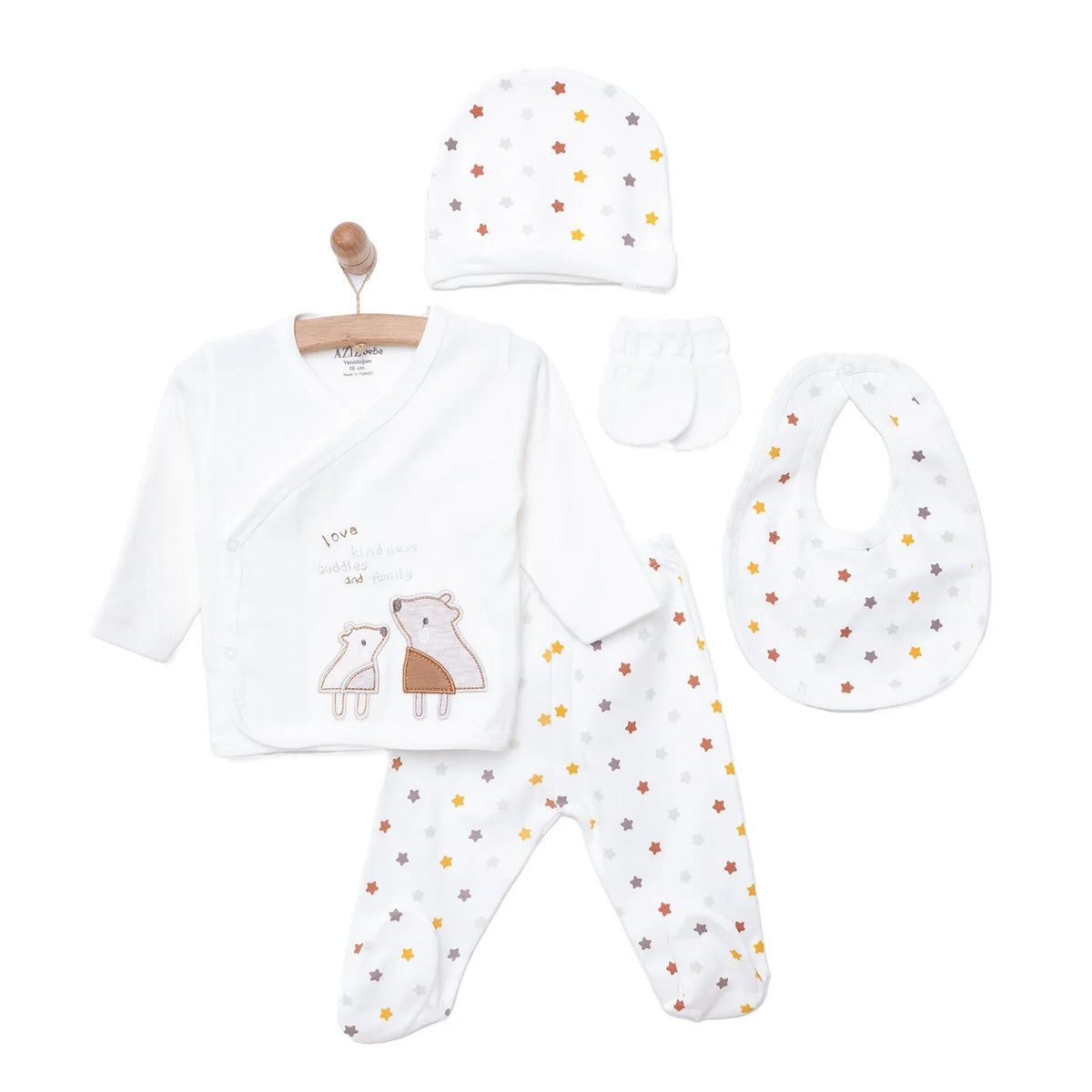 Aziz Bebe 5 Piece "Love Kindness Cuddles and Family" Slogan Baby Hospital Bag Set with Footed Legs (Newborn)