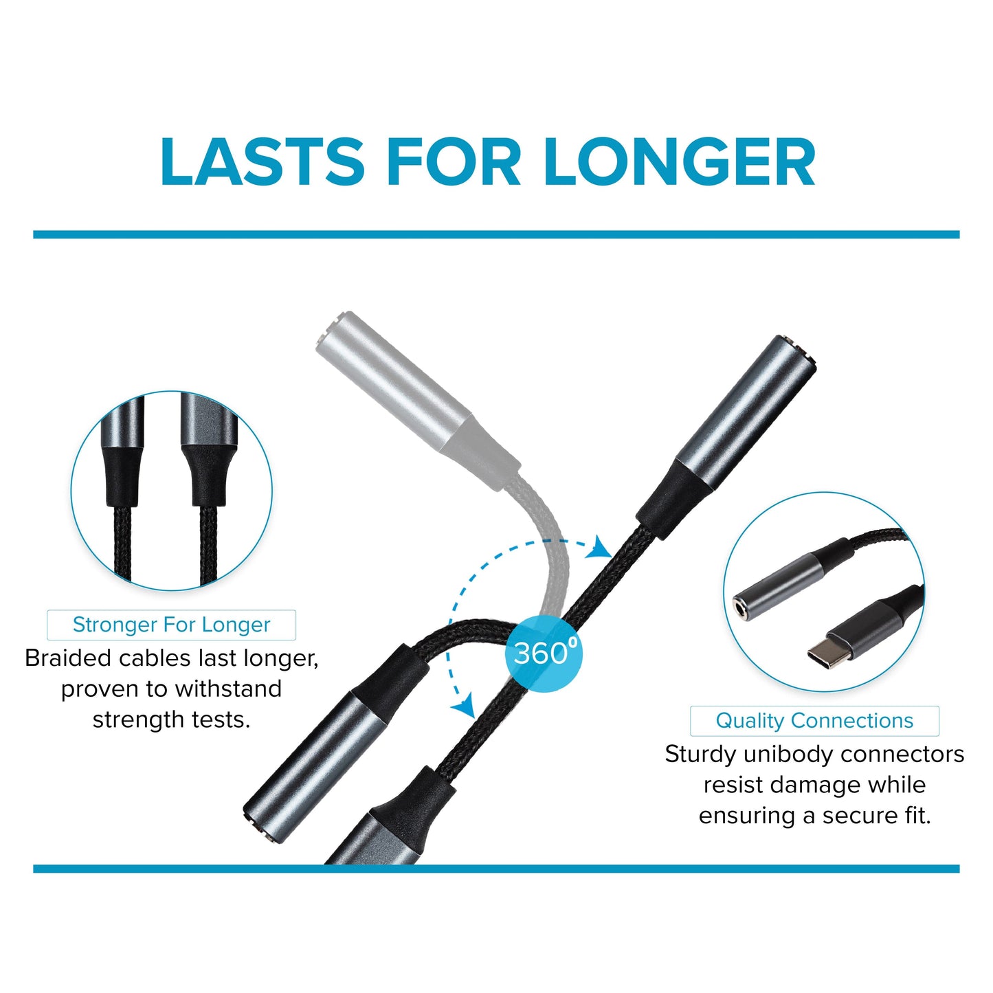 Maplin USB-C to 3.5mm Female Jack Headphone Aluminium Braided Adapter Cable - Black, 5cm