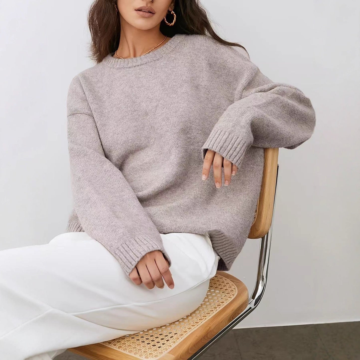Solid Color Round Neck Sweater Women's Autumn And Winter Knitted Top