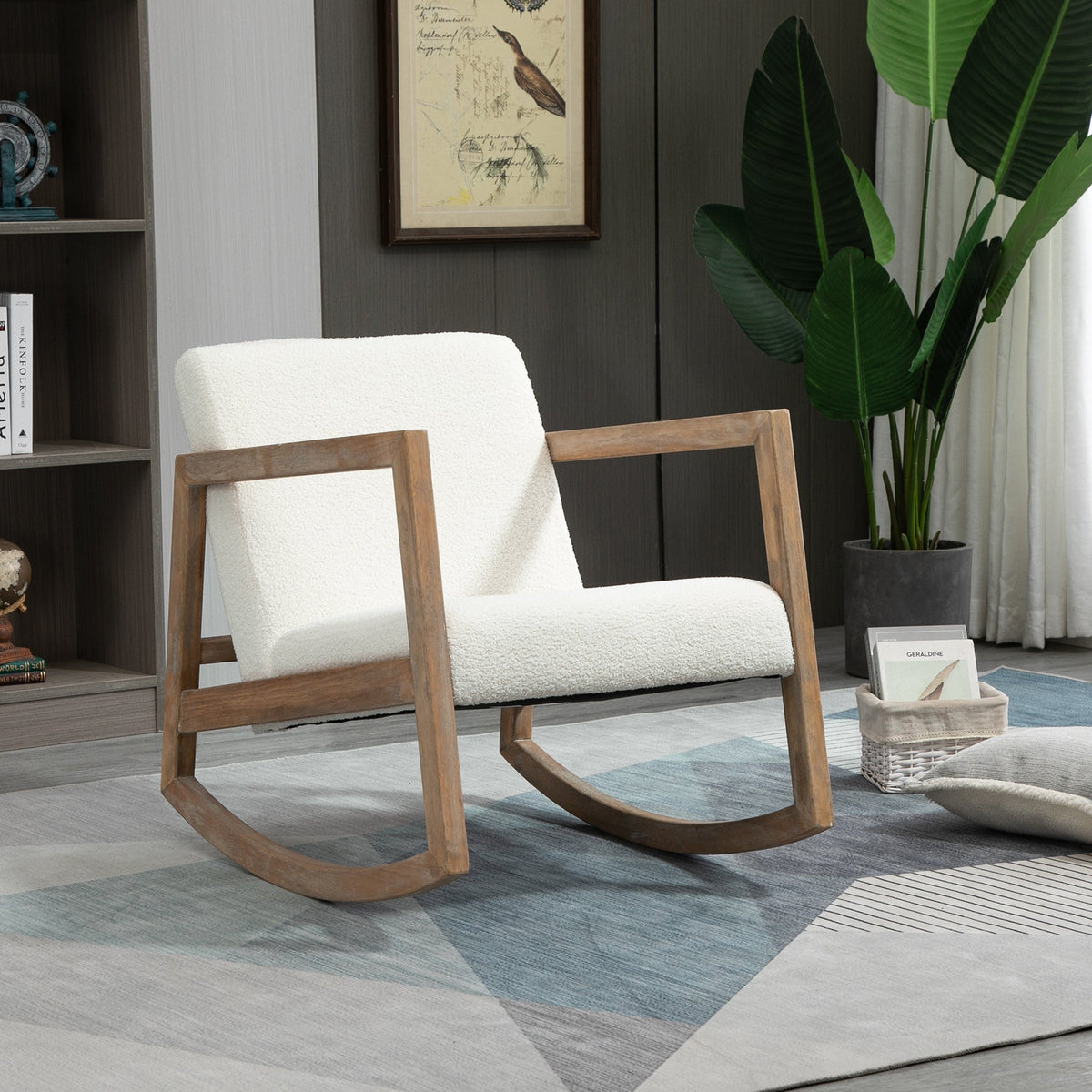 HOMCOM Rocking Chair Upholstered Armchair Wooden Accent Chair Cream