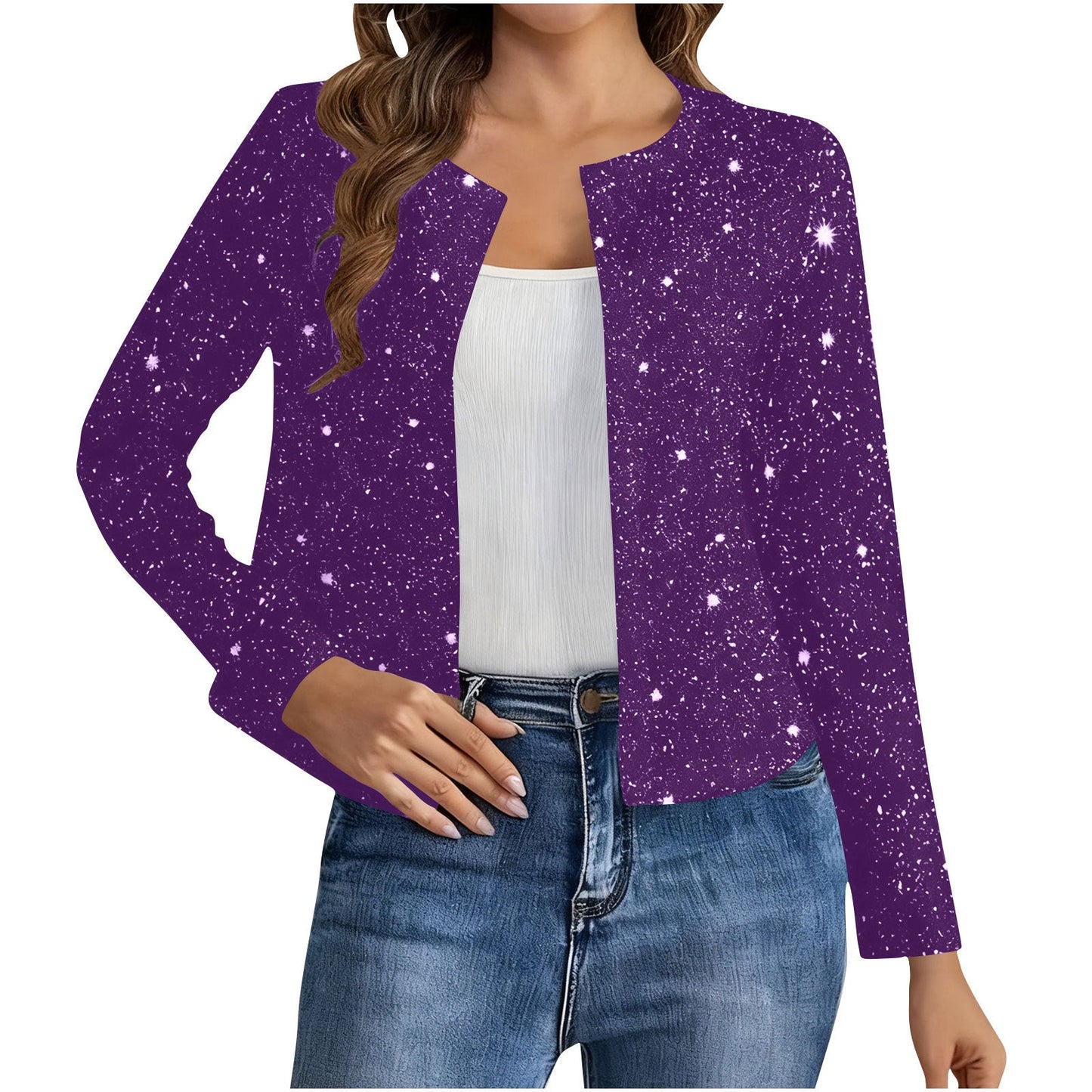 Fashionable Cardigan Long-sleeve Gold-foil Jacket For Women