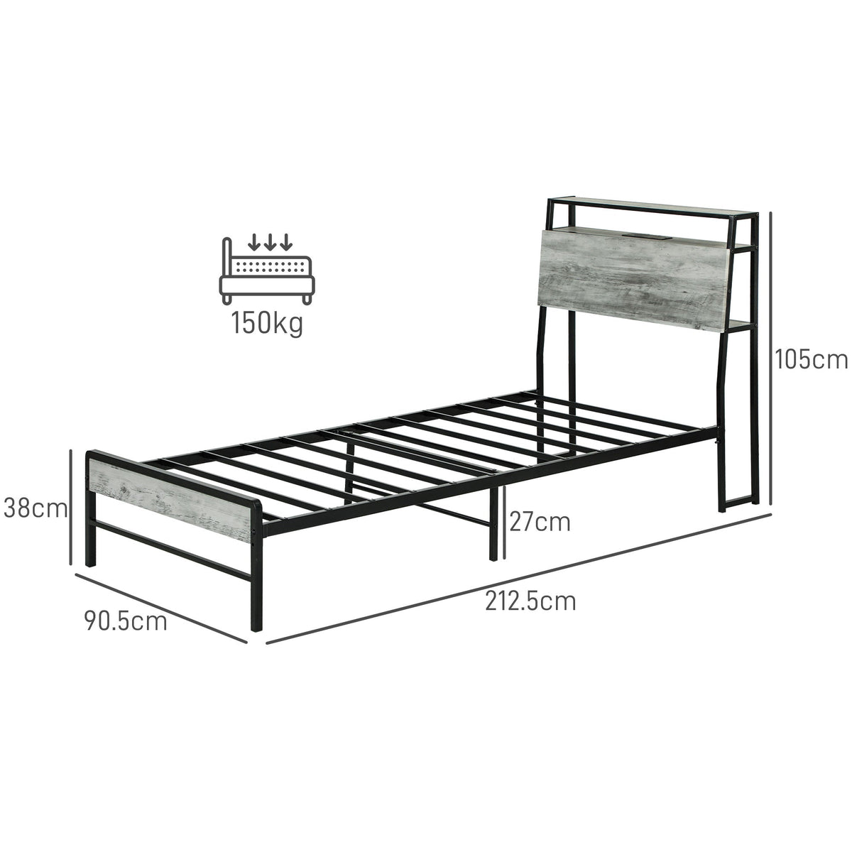HOMCOM LED Single Bed Frame with Charging Station, 90 x 190cm, Cement Grey