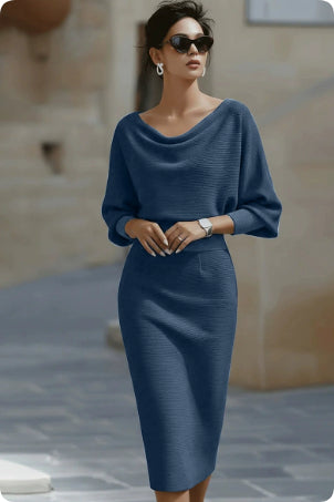 Pleated Batwing Sleeve Midi Dress - Women's Fashionable A-Line Casual Daywear