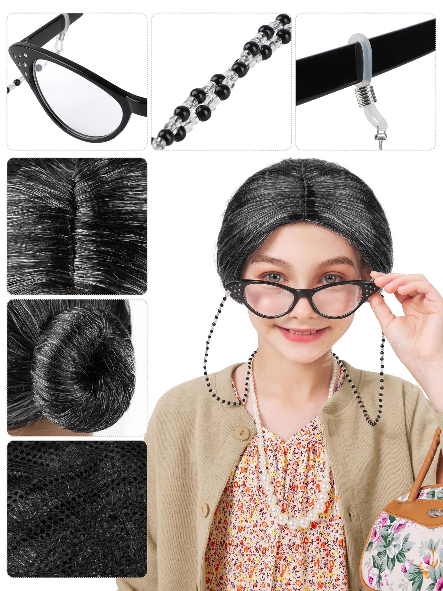 FancyFun 8 Pcs Old Lady Costume for Kids - 100 Days of School (8-10Y)