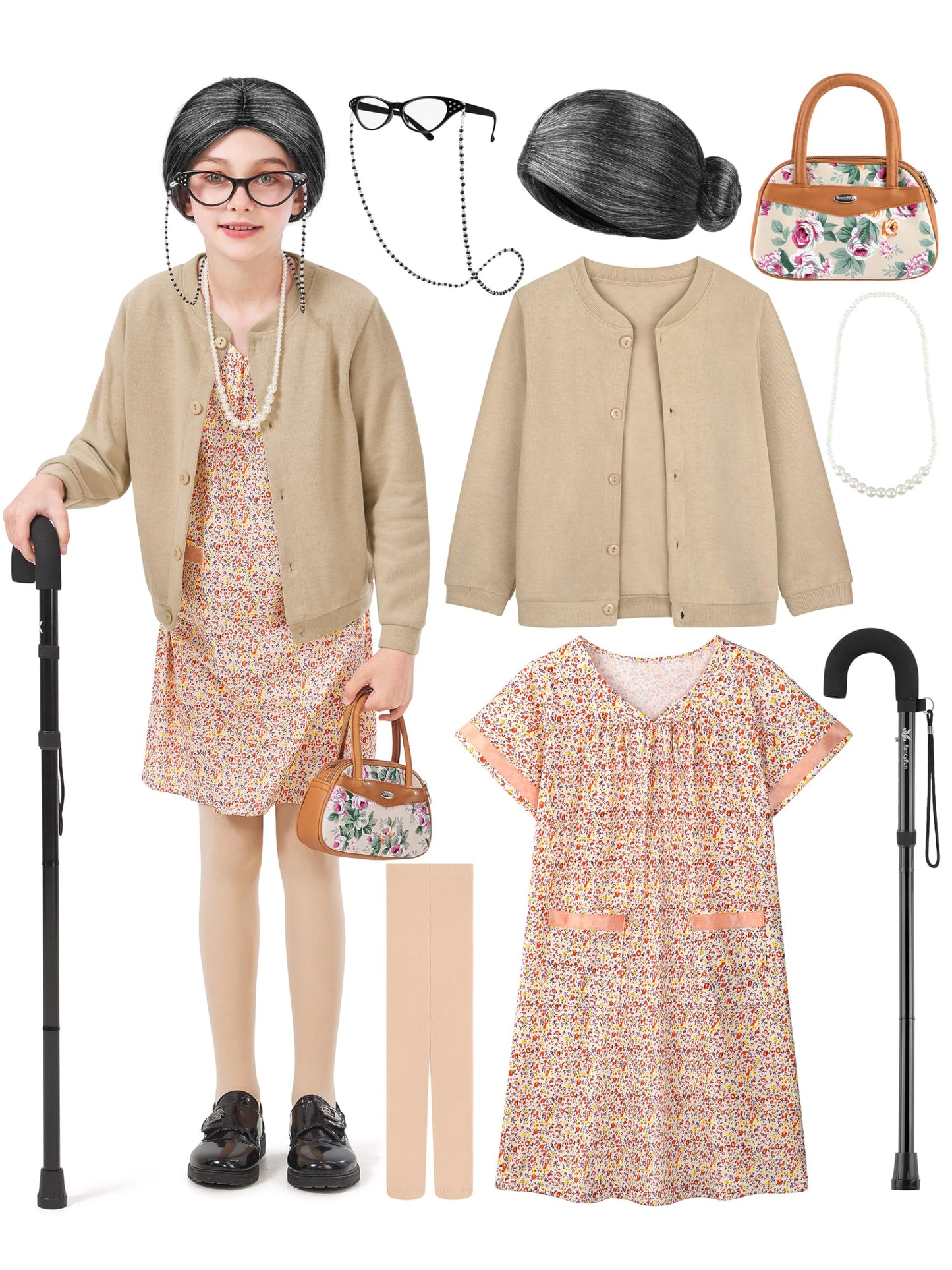 FancyFun 8 Pcs Old Lady Costume for Kids - 100 Days of School (8-10Y)