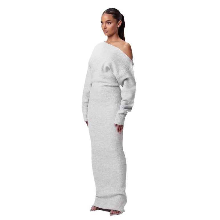 Ins Slim Long Sleeve Knitted Dress Evening Party Sexy Off-shoulder Bodycon Long Dresses