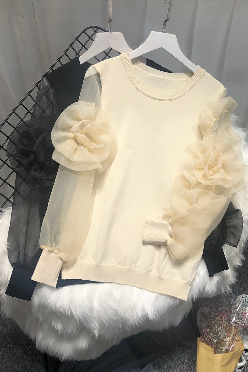 Women Spring Summer Knitted Organza Patchwork Lantern Sleeve