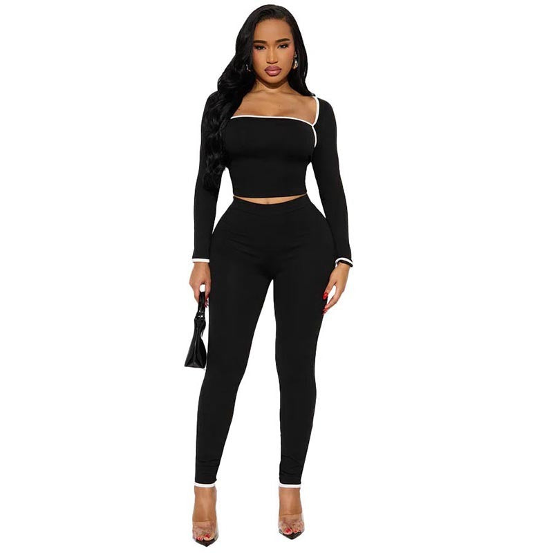 Stitching Color-contrasting Stripe Long Sleeve Top Slim Trousers Suit