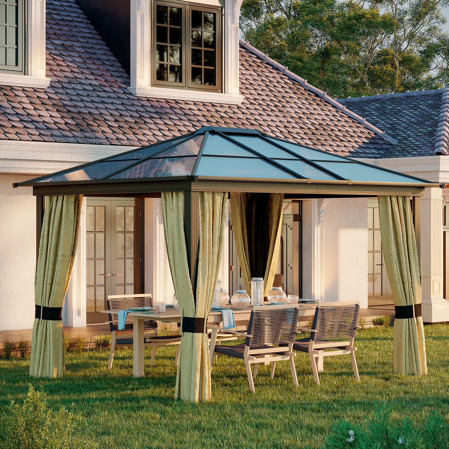 3.6m x 3m Outdoor Aluminium Alloy Gazebo w/ LED Solar Lights Beige