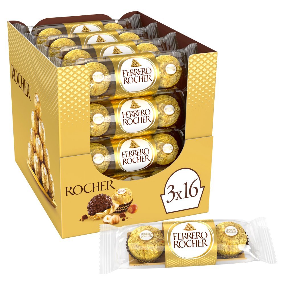Ferrero Rocher Chocolate Pralines Treat Pack 3 Pieces 37.5g (Box of 16)