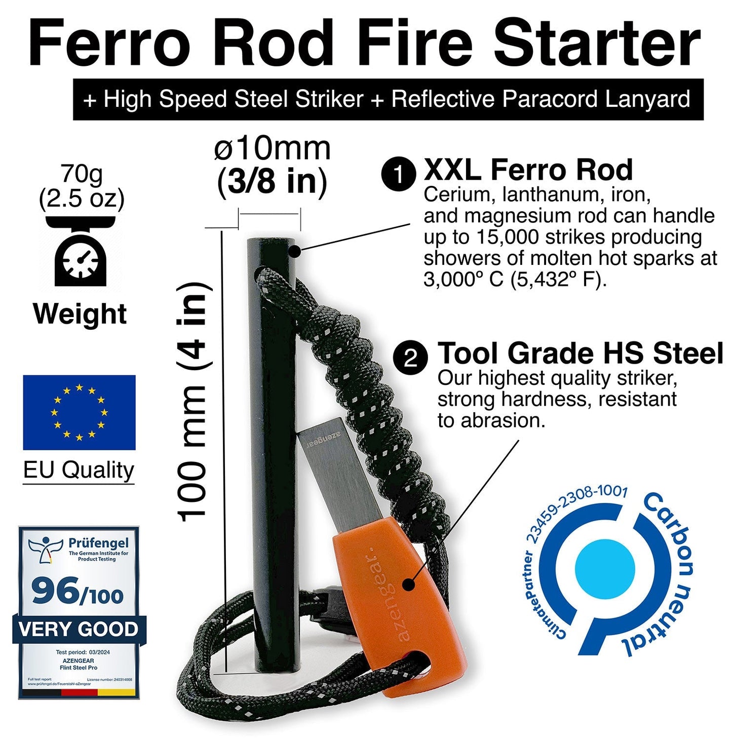 Ferro Rod Fire Starter Kit (10cm x ⌀1cm), Flint and Steel Striker, Fluorescent Paracord - 15,000 Strikes Firesteel Survival Tool for Hiking, Camping and Outdoor Emergency