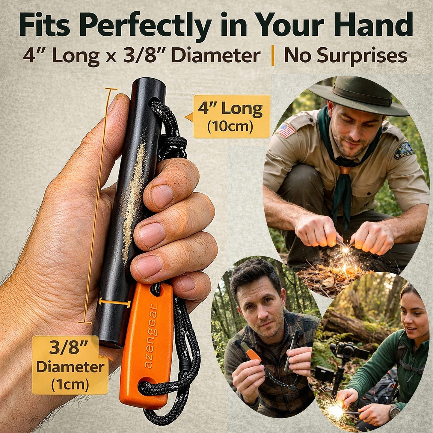 Ferro Rod Fire Starter Kit (10cm x ⌀1cm), Flint and Steel Striker, Fluorescent Paracord - 15,000 Strikes Firesteel Survival Tool for Hiking, Camping and Outdoor Emergency