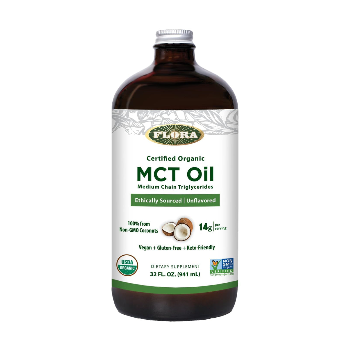 Flora MCT Oil Certified Organic – C8/C10, Non-GMO, Vegan, 32 oz
