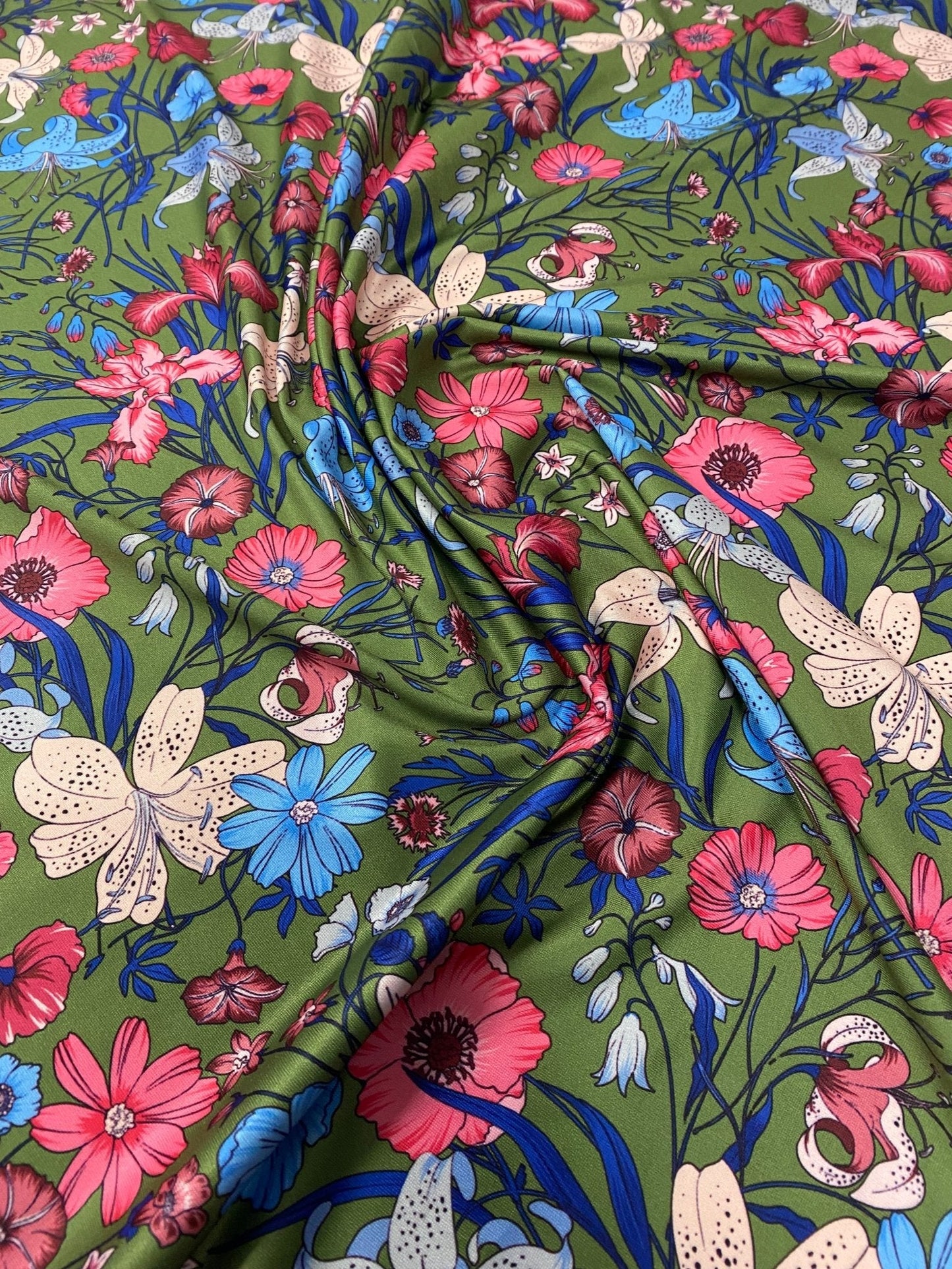 Floral Lycra Stretch Fabric – Green Base Stretch Material by Metre