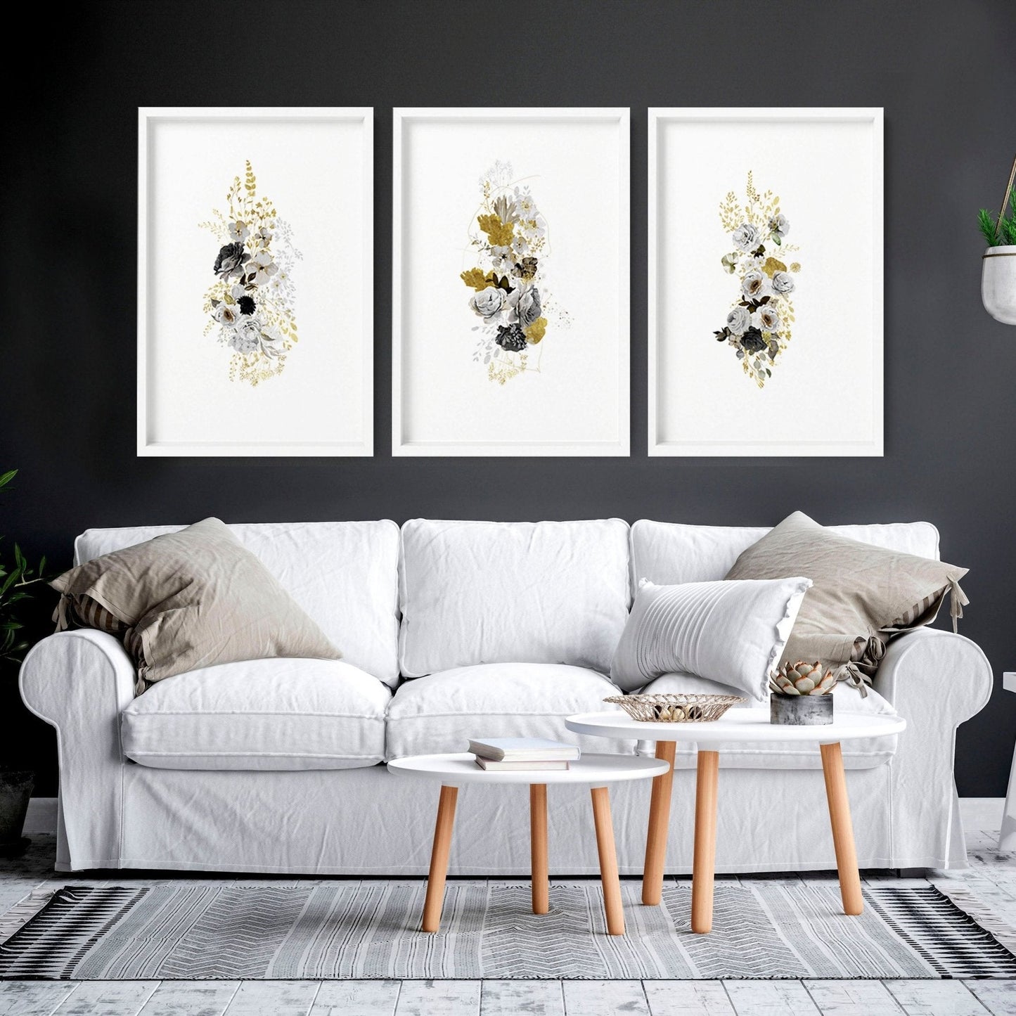 Wall art for large living room wall | set of 3 Floral wall art prints