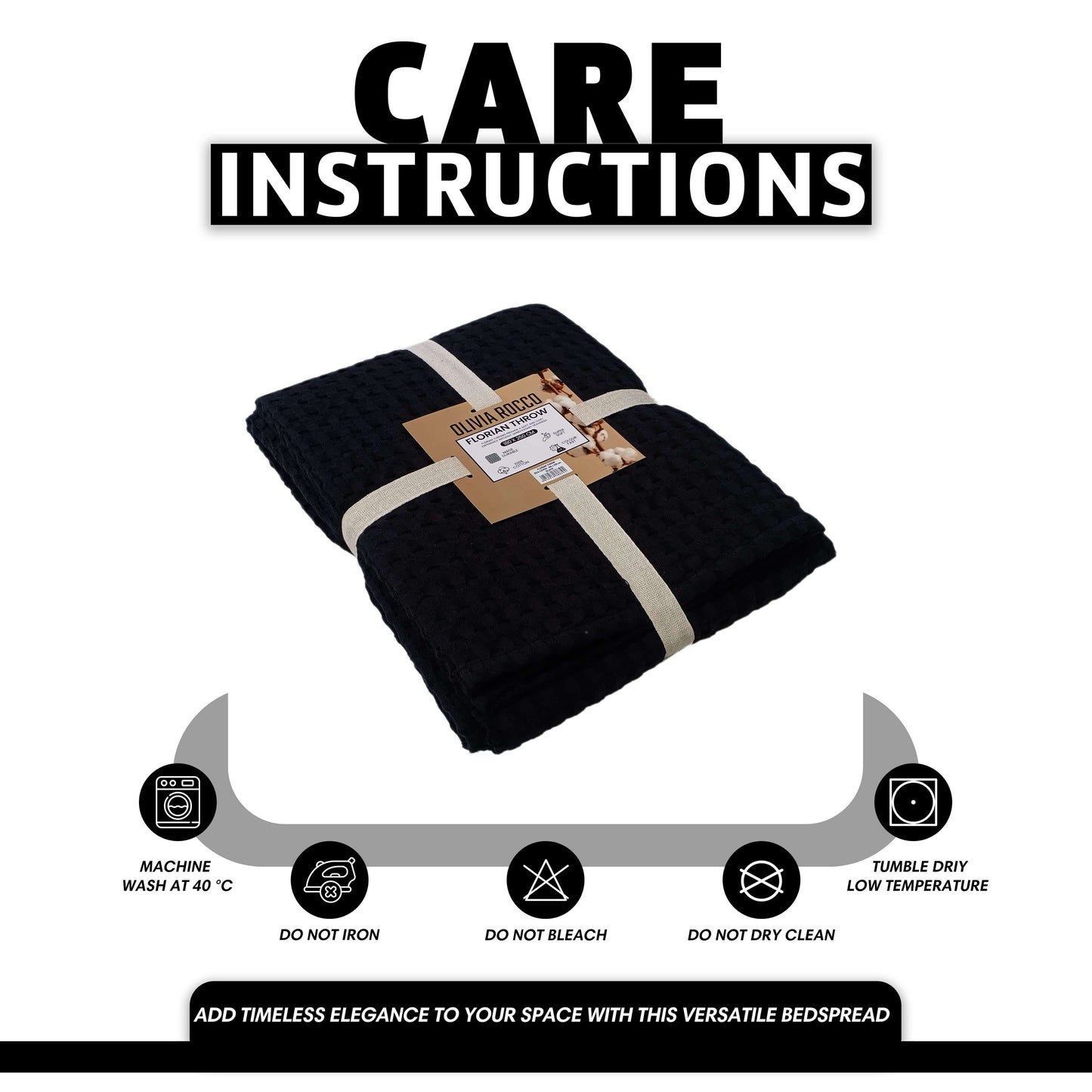 OLIVIA ROCCO Florian Checked Throw Blanket 100% Cotton Black Bedspread For Sofas
