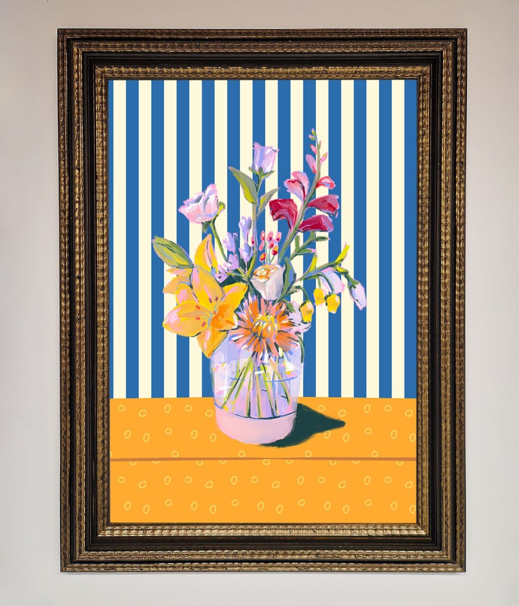 Flower Vase Blue Stripes Framed Wall Art