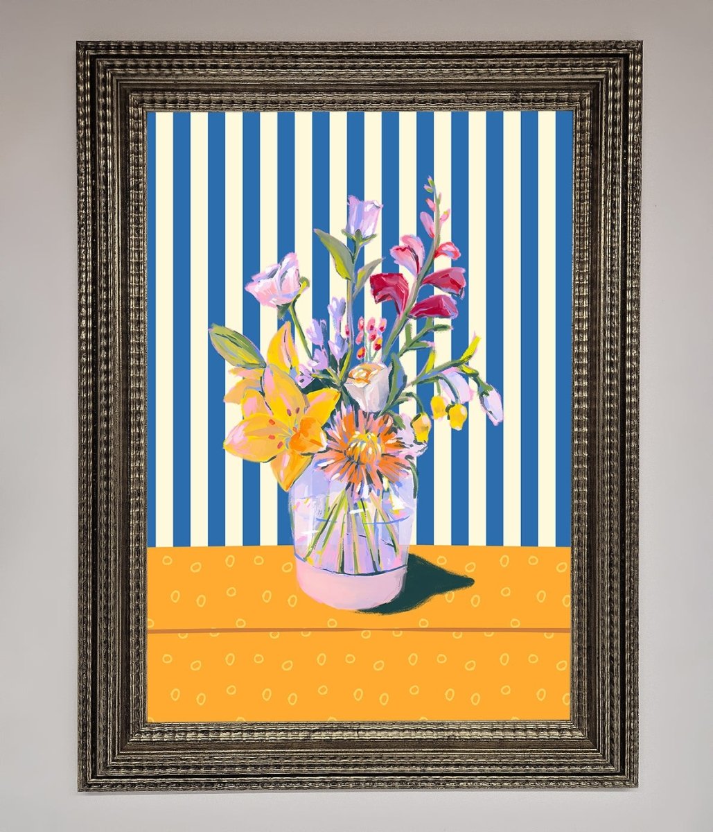 Flower Vase Blue Stripes Framed Wall Art