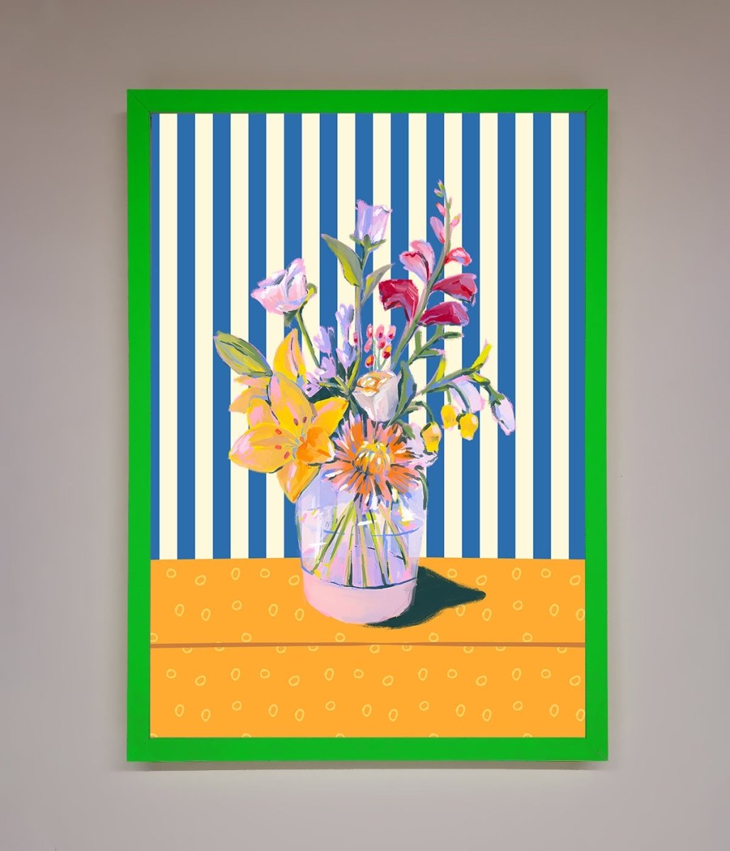 Flower Vase Blue Stripes Framed Wall Art