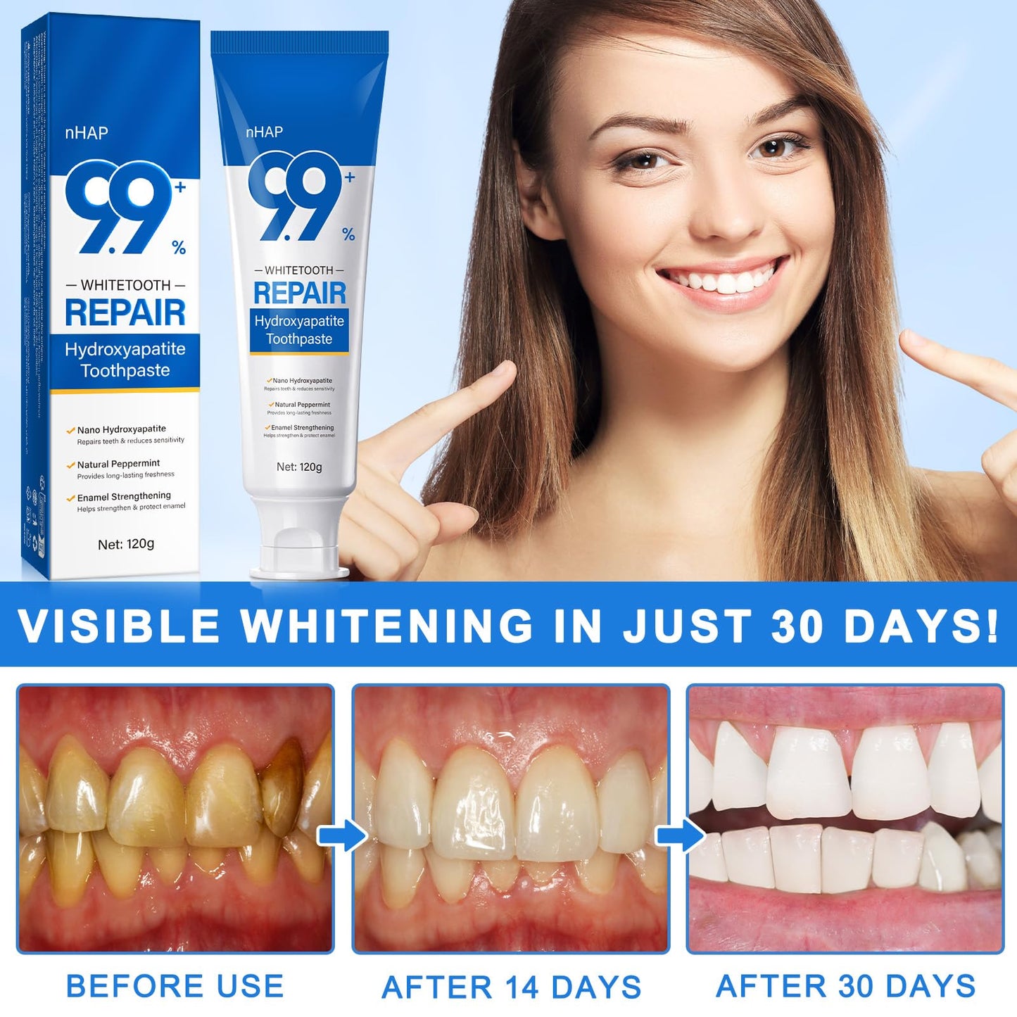 Hydroxyapatite Toothpaste 9.9% Nano – Fluoride-Free Enamel Protection & Tooth Strengthening | Gentle Mint