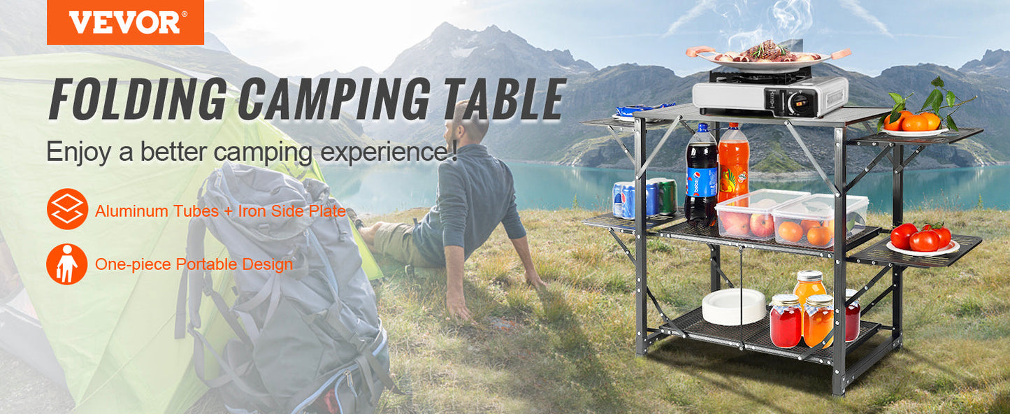 VEVOR Camping Kitchen Table One-piece Folding Portable Cook Station Aluminum Camping Folding Table for Outdoor Picnics BBQ