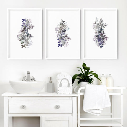 Framed prints bathroom | set of 3 Shabby Chic wall prints