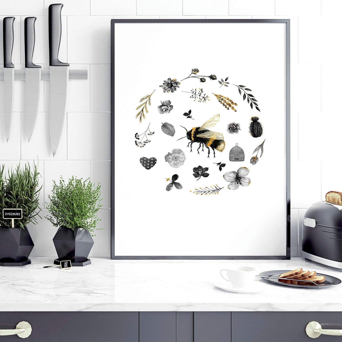Bees artwork | set of 3 Kitchen wall art prints