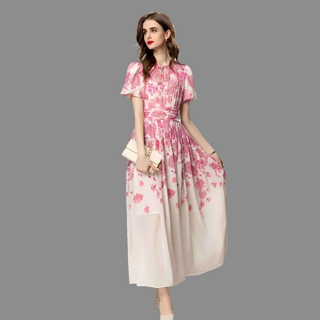 French-Inspired Printed Short Sleeve Dress with Timeless Appeal - Sizes S-XXL - Pink Cotton Polyester Fabric
