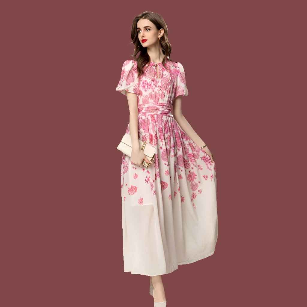 French-Inspired Printed Short Sleeve Dress with Timeless Appeal - Sizes S-XXL - Pink Cotton Polyester Fabric