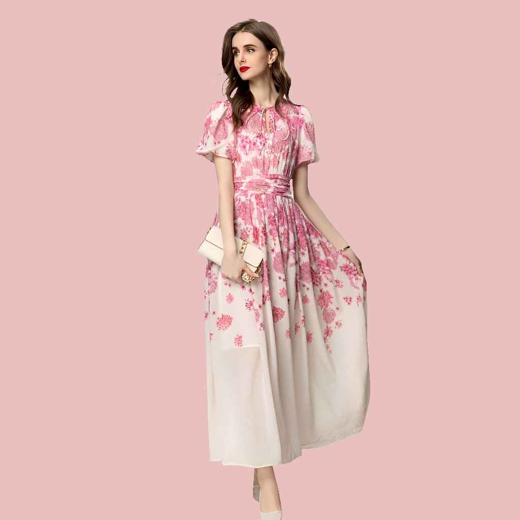 French-Inspired Printed Short Sleeve Dress with Timeless Appeal - Sizes S-XXL - Pink Cotton Polyester Fabric
