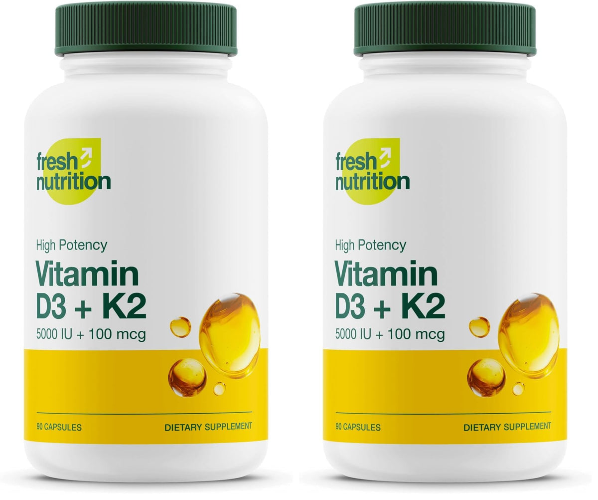 Fresh Nutrition Vegan Vitamin D3 + K2 Capsules – 5000 IU D3 + 100 mcg K2 MK-7 (Pack of 2)