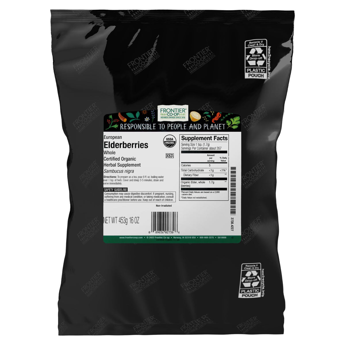 Frontier Co-op Organic Dried Elderberries, European Whole — Non-GMO, Kosher, 16 oz (Pack of 2)