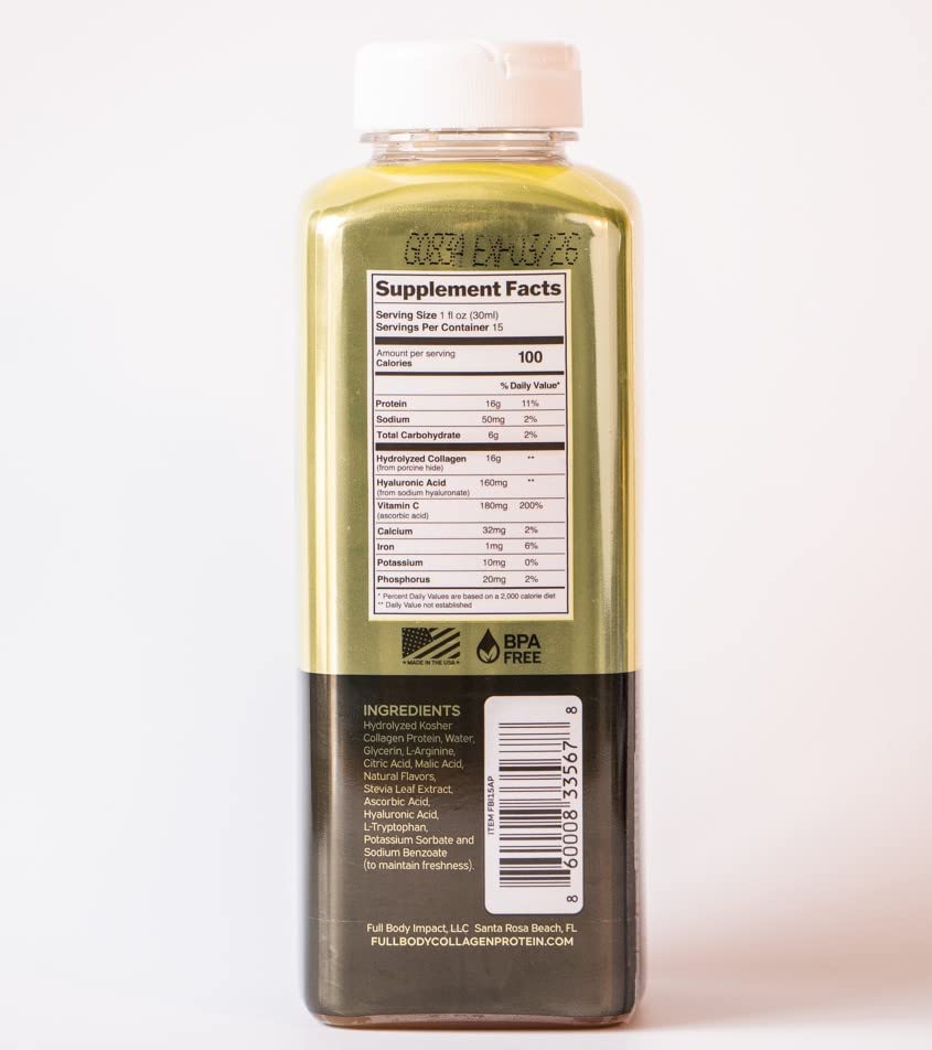 FULL BODY IMPACT Liquid Collagen Protein – Gold Edition Apple, 16,000mg (16g) – 15oz Bottle