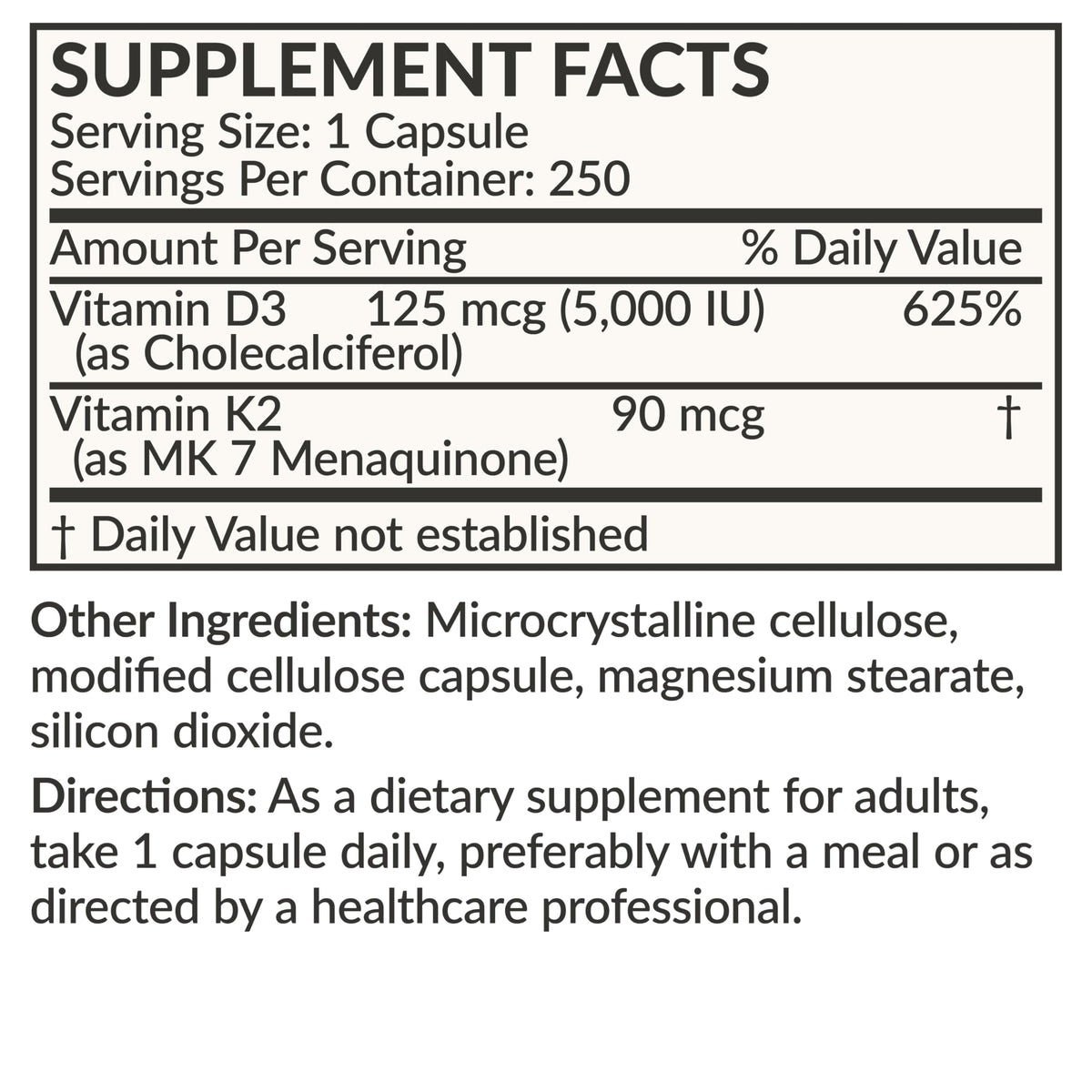 Futurebiotics Vitamin K2 (MK7) with D3 – Non-GMO, 5000 IU D3 & 90 mcg MK-7, 2-Pack (250 Veg Capsules per Bottle)