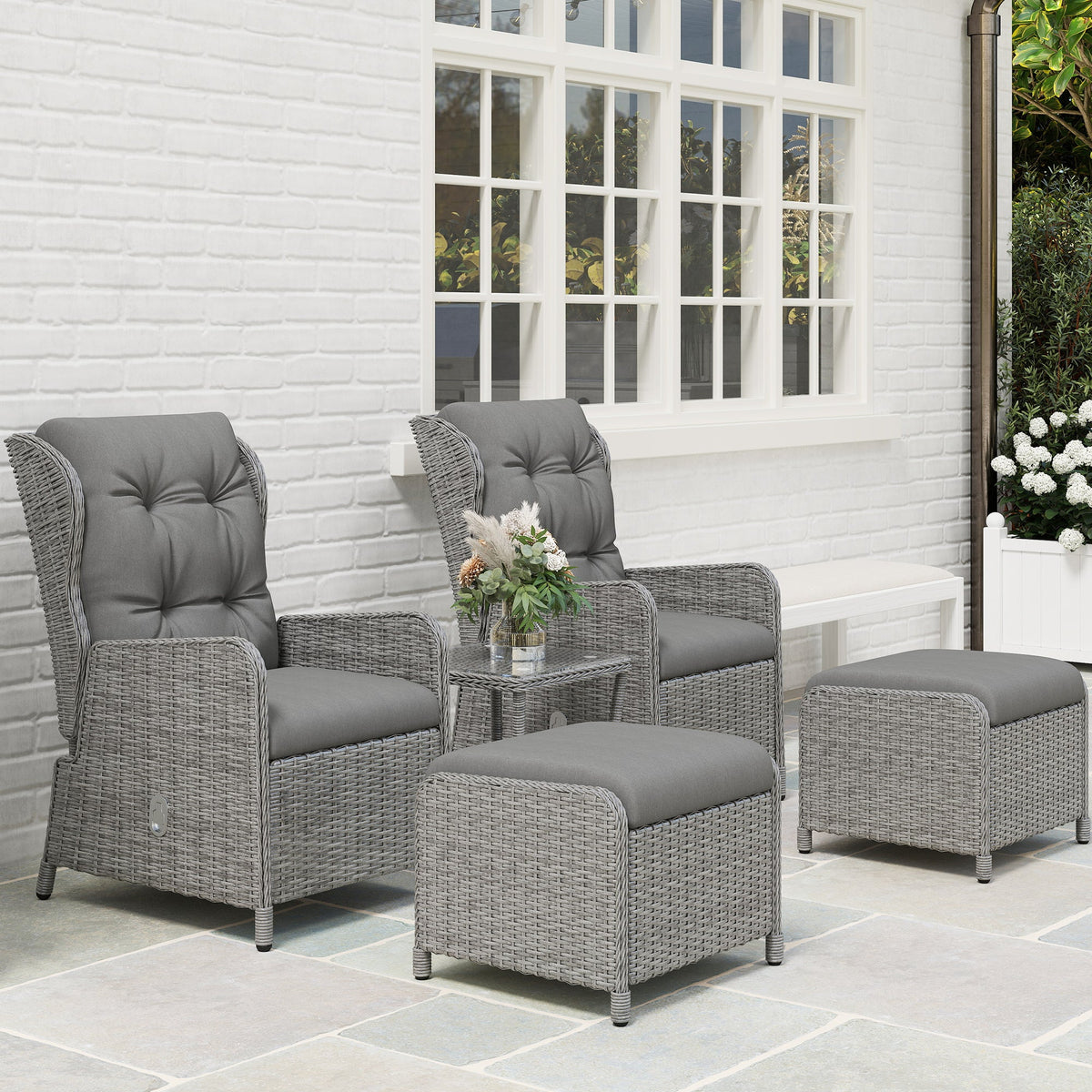 Outsunny Recliner Rattan Garden Furniture w/ Two-tier Table, Light Grey