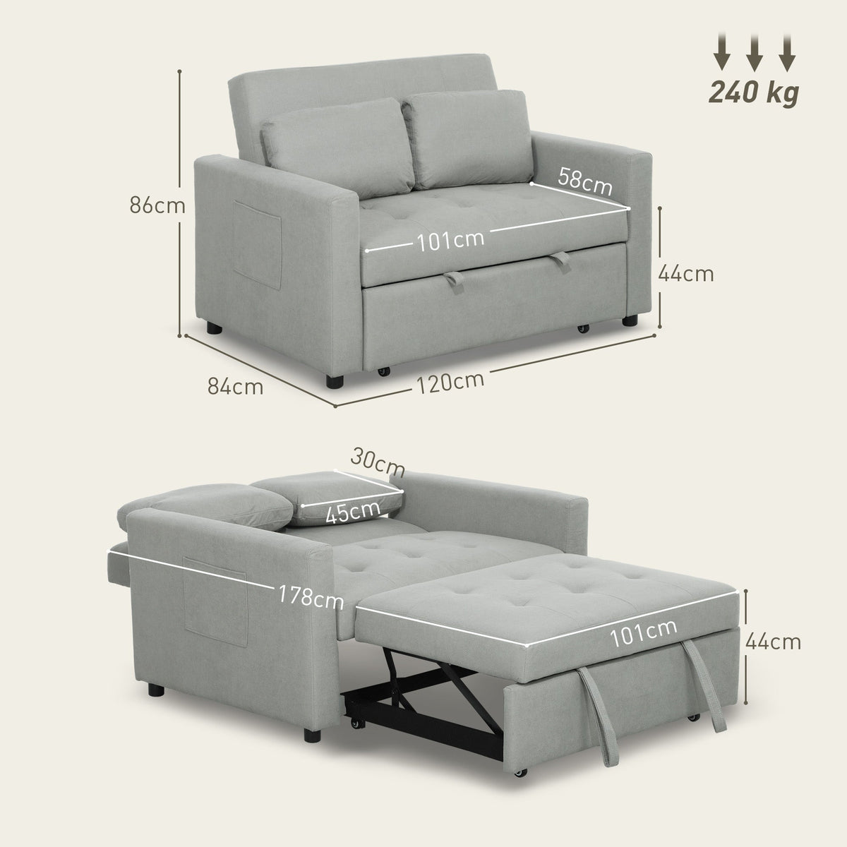 HOMCOM 2 Seater Sofa Bed Convertible Bed Settee with Cushions, Pockets, Grey