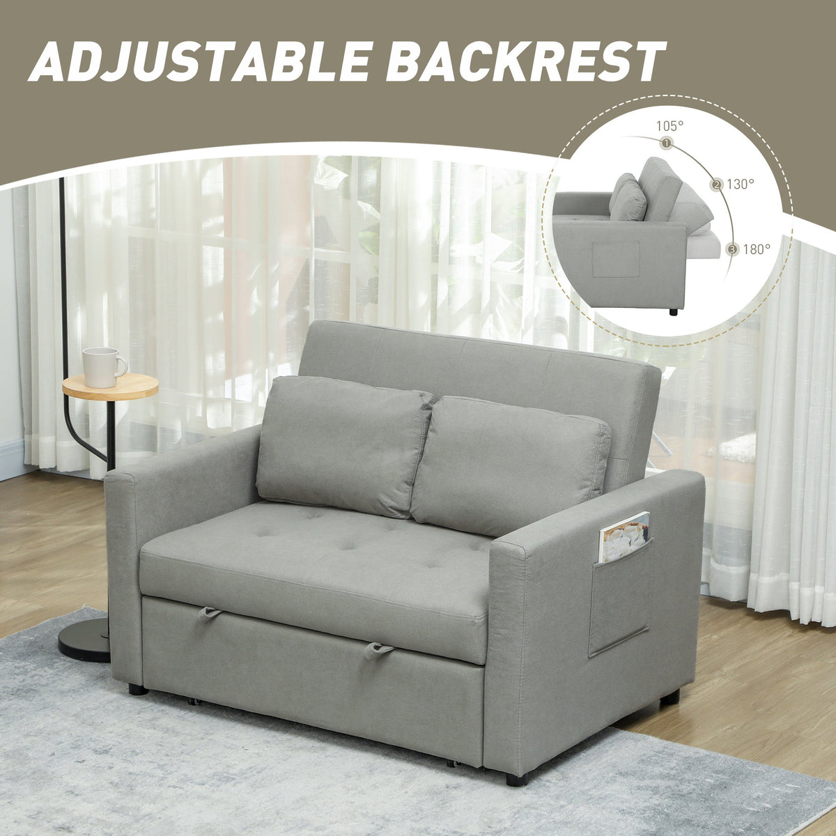 HOMCOM 2 Seater Sofa Bed Convertible Bed Settee with Cushions, Pockets, Grey