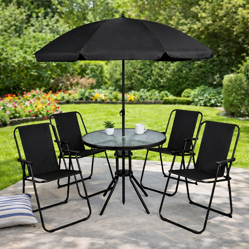 6pc Black Garden Furniture Set Table 4 Chairs and Parasol
