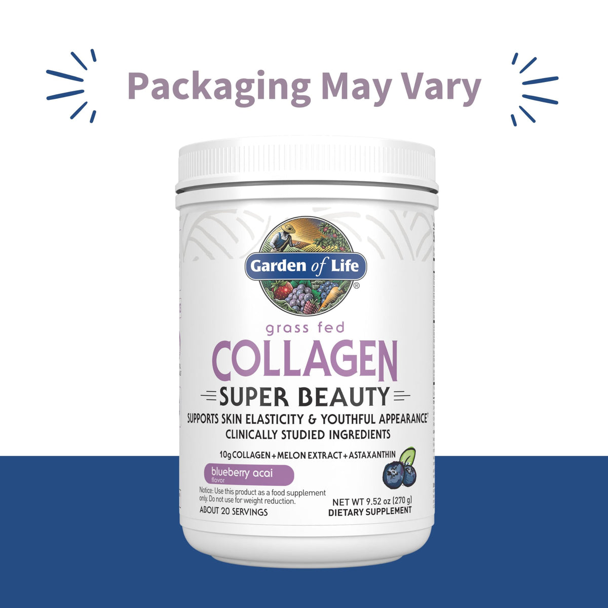 Garden of Life Grass Fed Collagen Super Beauty Powder – Blueberry Acai, 20 Servings