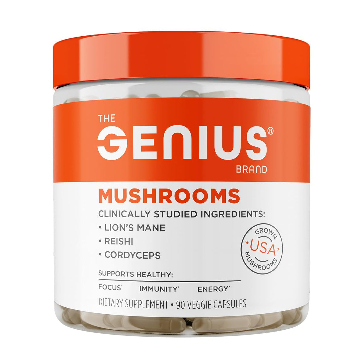 The Genius Brand Genius Mushrooms - Plant-Based Supplement for Immune, Focus & Energy Support - Lion's Mane, Cordyceps & Reishi - Organic & Non-GMO - 90 Veggie Capsules