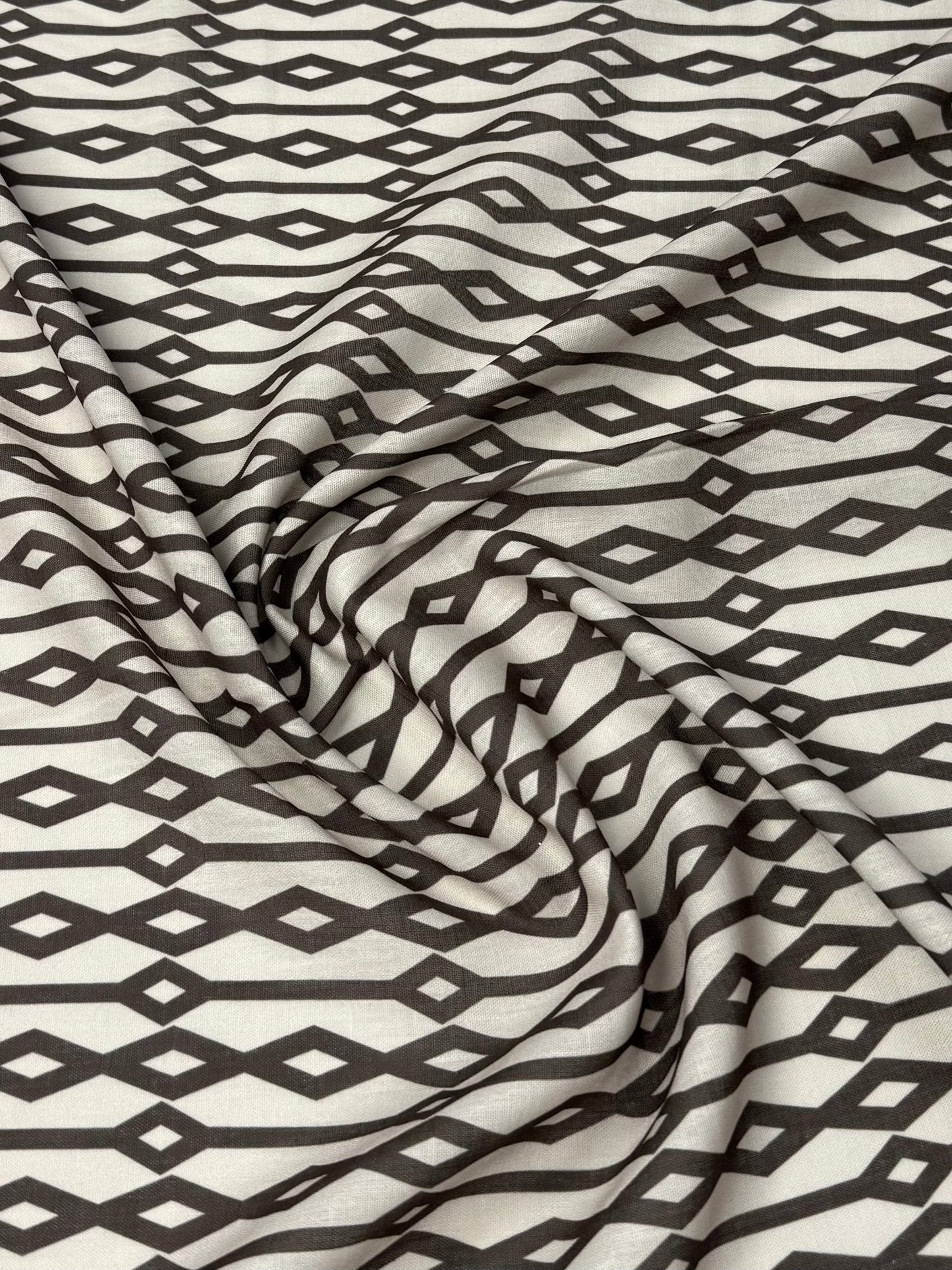 Geometric Diamond Fabric – Black & Beige Minimal Print by the Metre