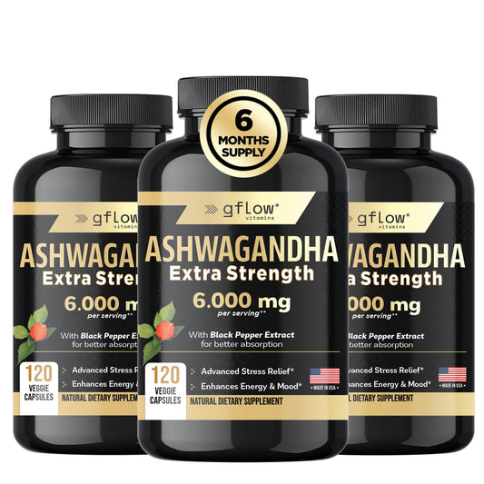 gflow vitamins Ashwagandha 6000mg – Extra Strength, vegan, non-GMO – Made in USA | Sleep, Mood & Energy | Pack of 3