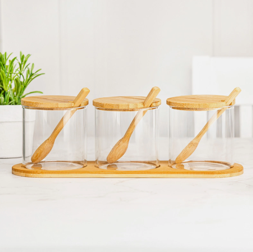 3 Glass Jar Kitchen Station Set with Wooden Tray