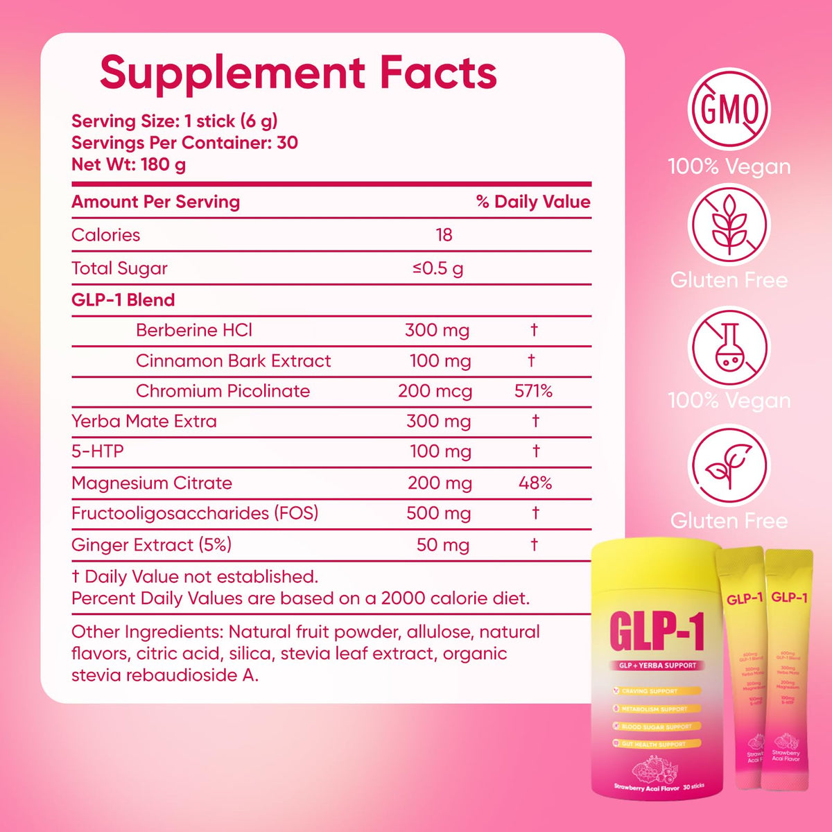 GLP-1 Drink Mix with Berberine, Chromium, 5-HTP, Yerba Mate & Magnesium – Strawberry Acai, 30 Packs | Vegan, Sugar-Free, Non-GMO