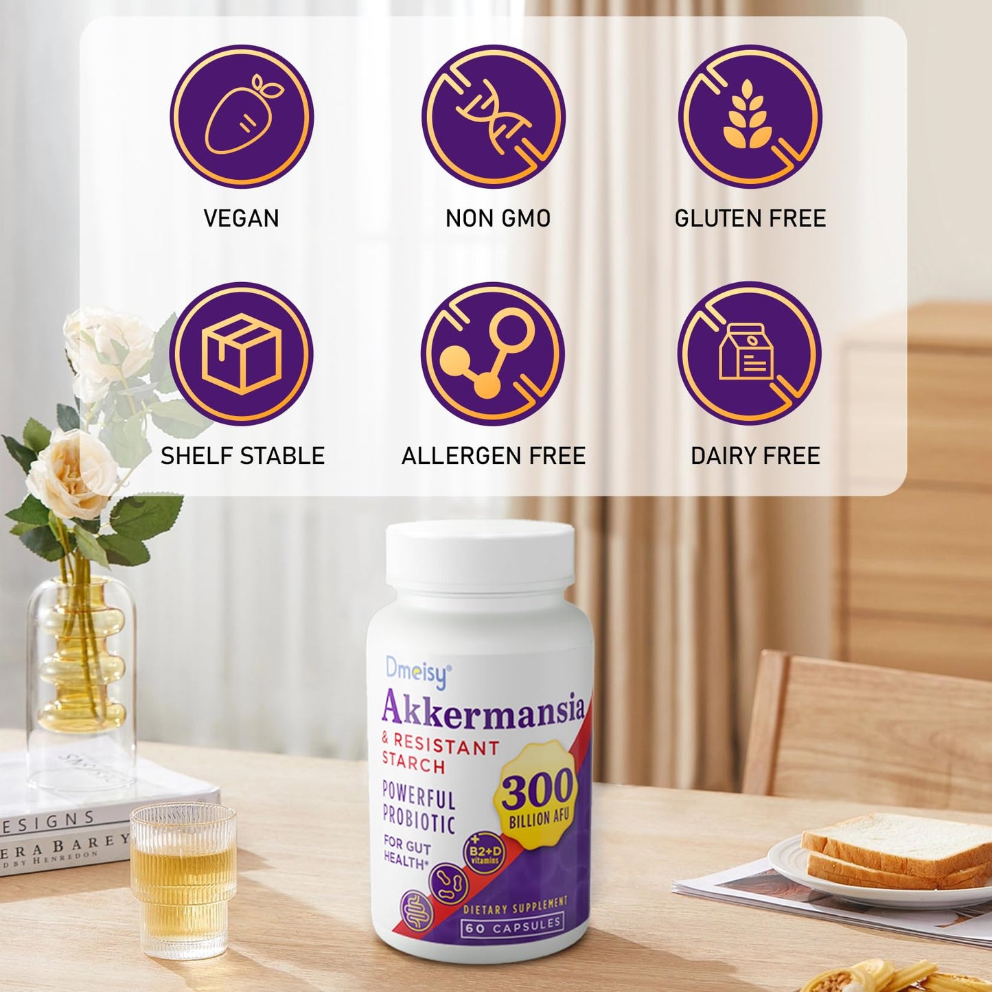 Dmeisy Akkermansia Muciniphila Supplement – 300B AFU Probiotic for Gut Health | 120 Count