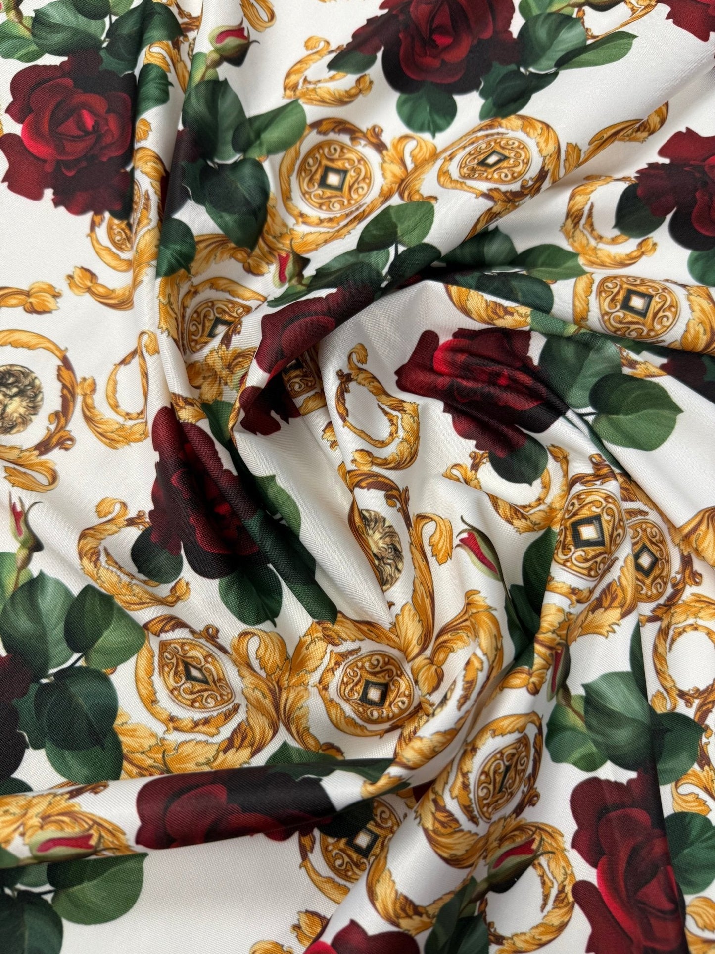 Gold Red Rose Patterned White Fabric by Metre