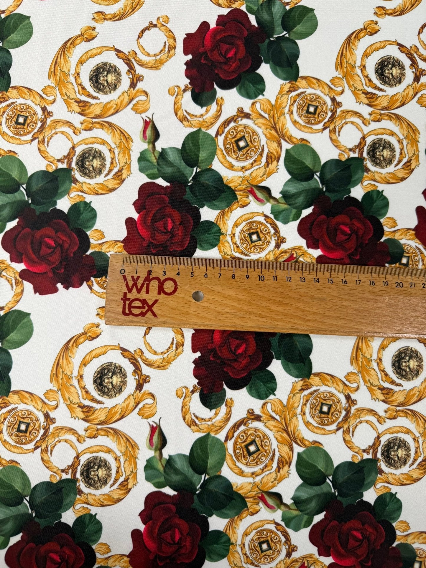 Gold Red Rose Patterned White Fabric by Metre