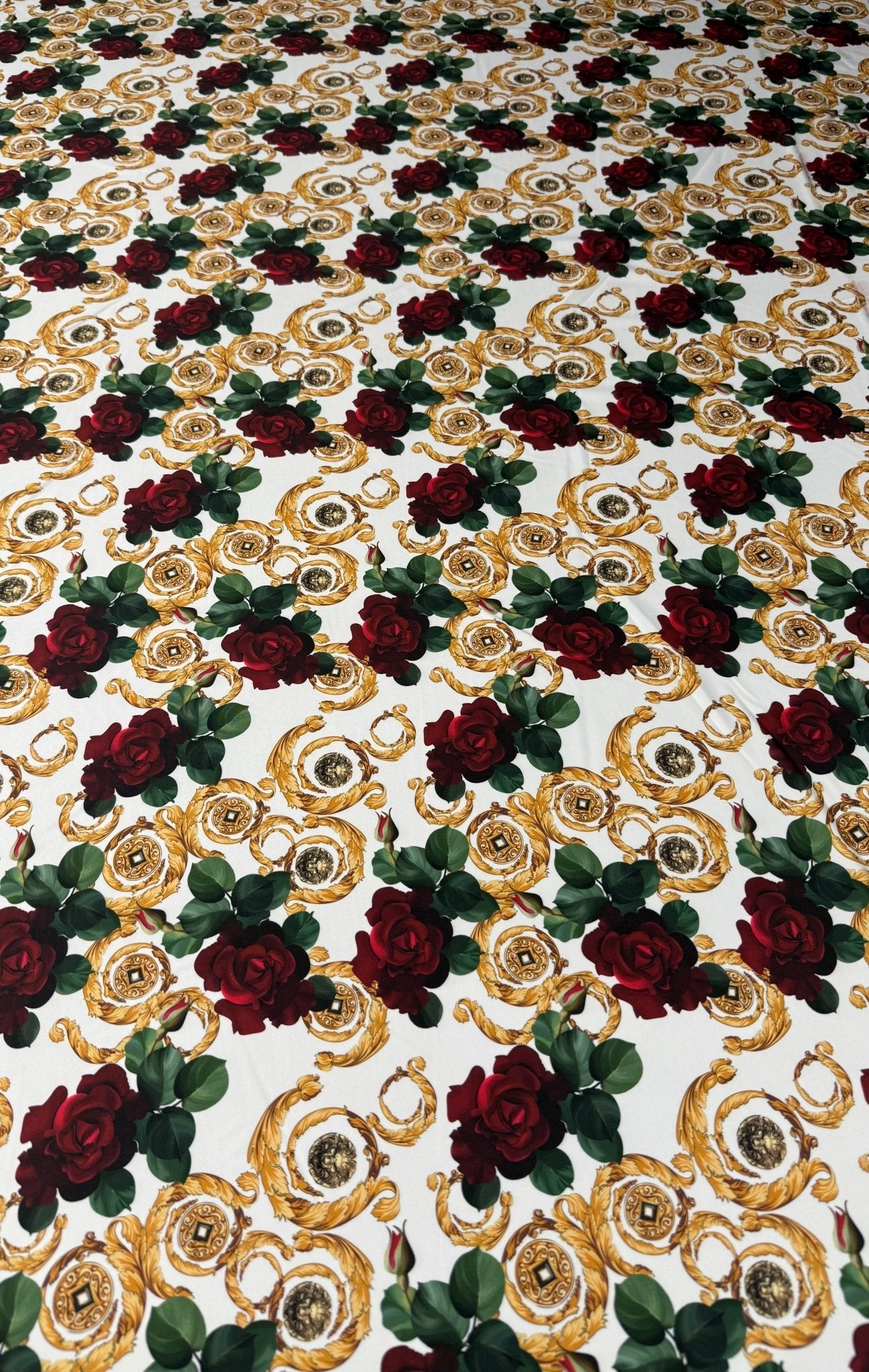 Gold Red Rose Patterned White Fabric by Metre