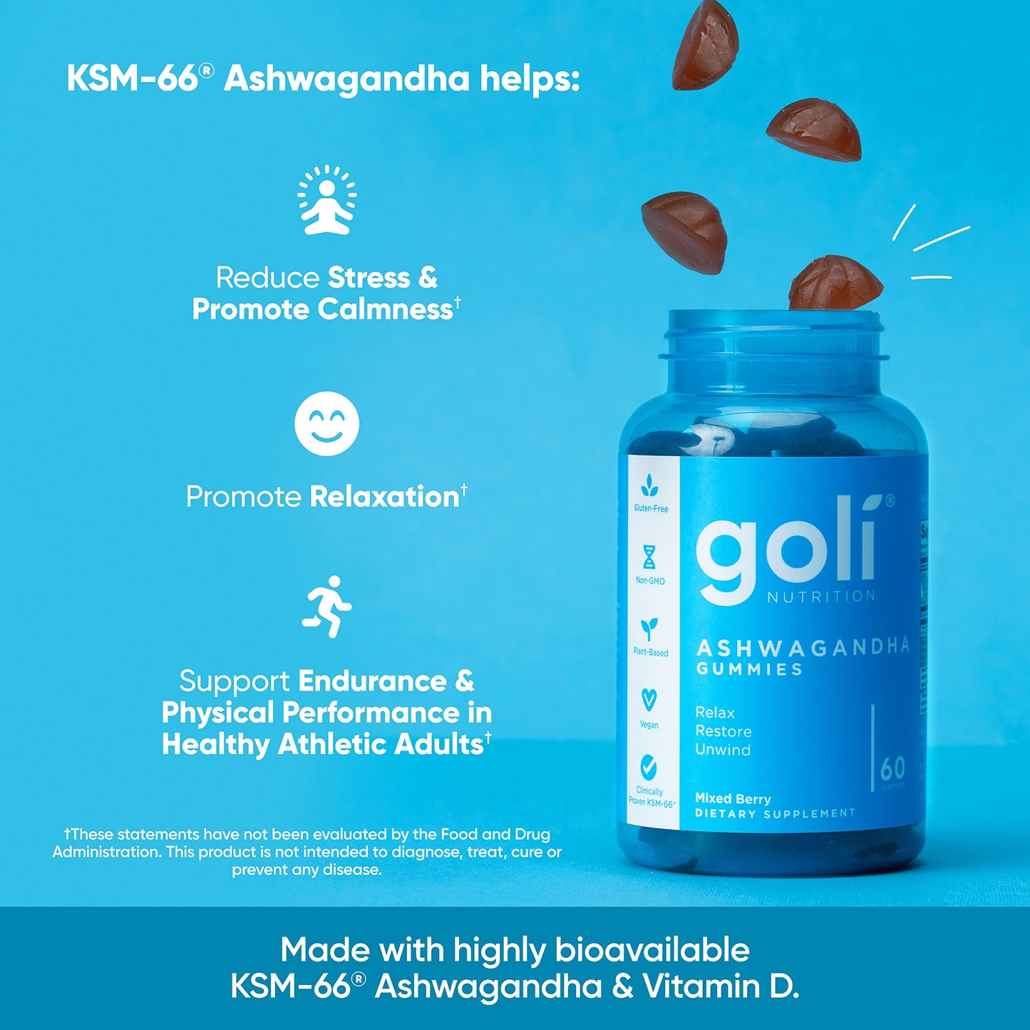 Goli Ashwagandha & Vitamin D Gummies - 300 Count (Pack of 5) | Mixed Berry, Vegan