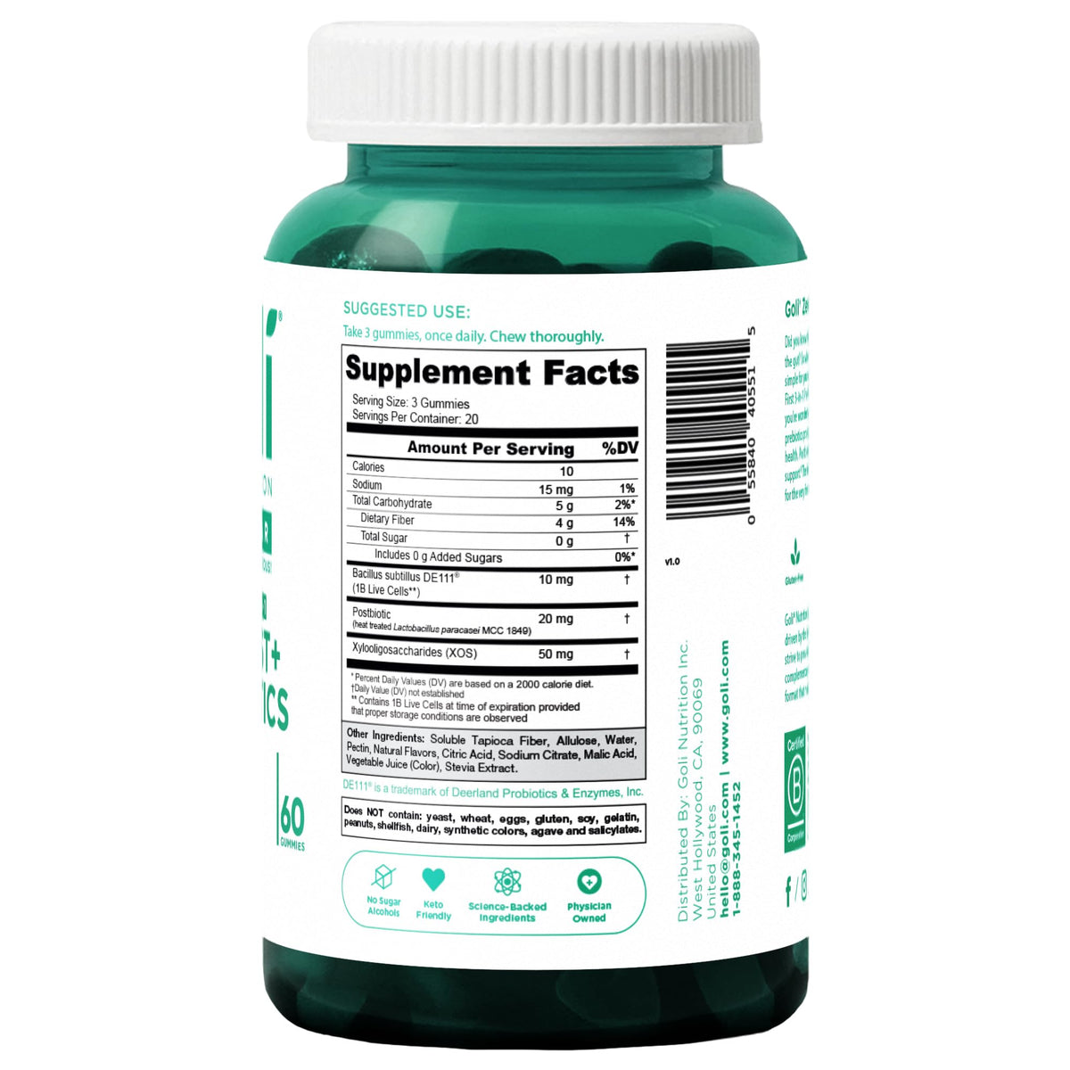 Goli Zero Sugar Pre, Post & Probiotic Gummies - 3-in-1 Gluten-Free, Vegan, Non-GMO, Gelatin-Free